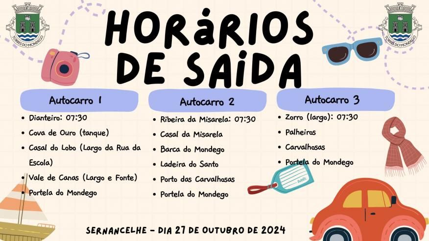 Hor&aacute;rios de sa&iacute;da Viagem a Sernancelhe - 27 de outubro de 2024