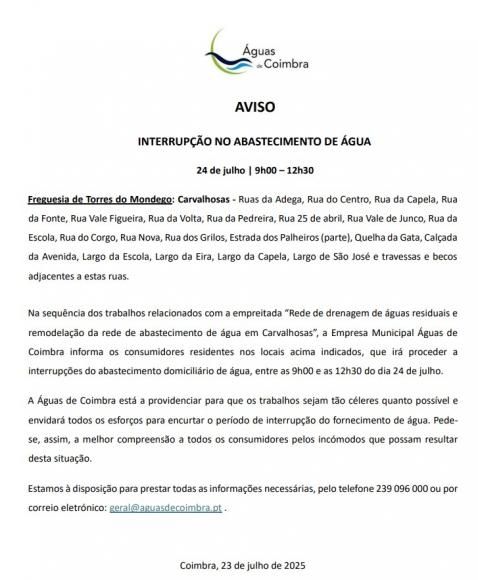 Interrup&ccedil;&atilde;o do abastecimento de &aacute;gua que ir&aacute; ocorrer entre as entre as 9h00h e as 12h00, no dia 24 de julho de 2025