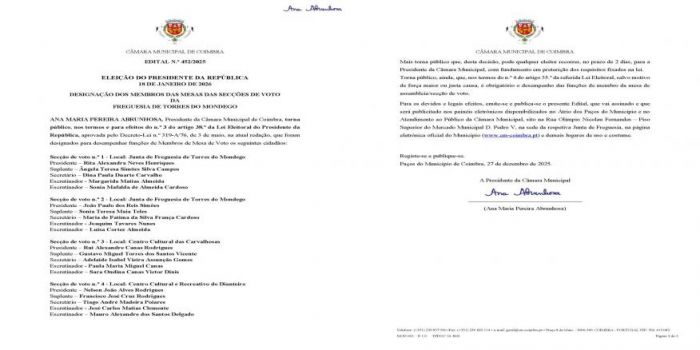 ELEI&Ccedil;&Atilde;O DO PRESIDENTE DA REP&Uacute;BLICA - DESIGNA&Ccedil;&Atilde;O DOS MEMBROS DAS MESAS DAS SEC&Ccedil;&Otilde;ES DE VOTO DA FREGUESIA DE TORRES DO MONDEGO