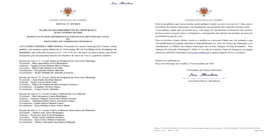 ELEI&Ccedil;&Atilde;O DO PRESIDENTE DA REP&Uacute;BLICA - DESIGNA&Ccedil;&Atilde;O DOS MEMBROS DAS MESAS DAS SEC&Ccedil;&Otilde;ES DE VOTO DA FREGUESIA DE TORRES DO MONDEGO