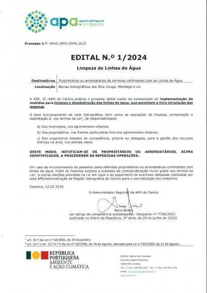 Edital n.&ordm; 1/2024 da Ag&ecirc;ncia Portuguesa do Ambiente - Limpeza de Linhas de &Aacute;gua.