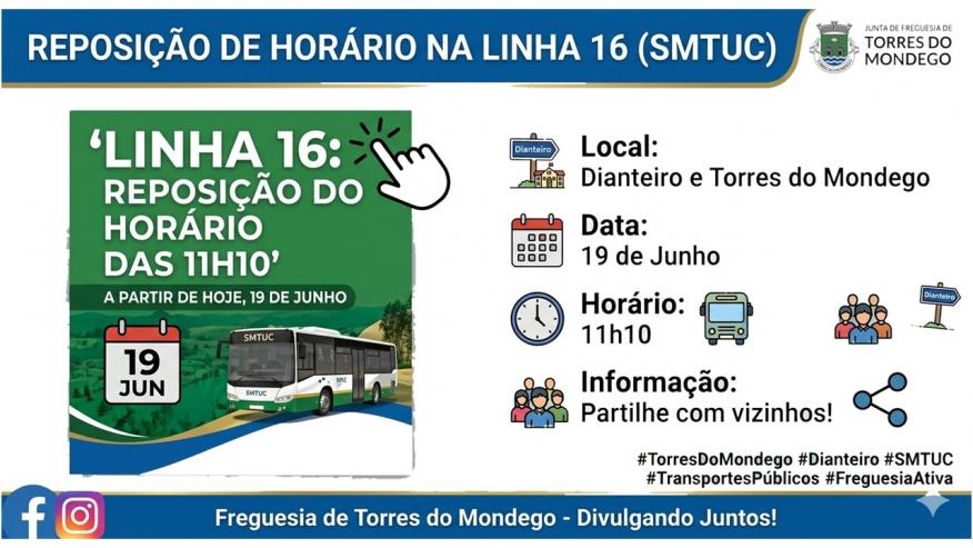 AVISO: Reposi&ccedil;&atilde;o de Hor&aacute;rio na Linha 16 (SMTUC)