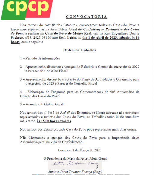  ASSEMBLEIA GERAL da Confedera&ccedil;&atilde;o, aberta a TODAS as Casas do Povo 