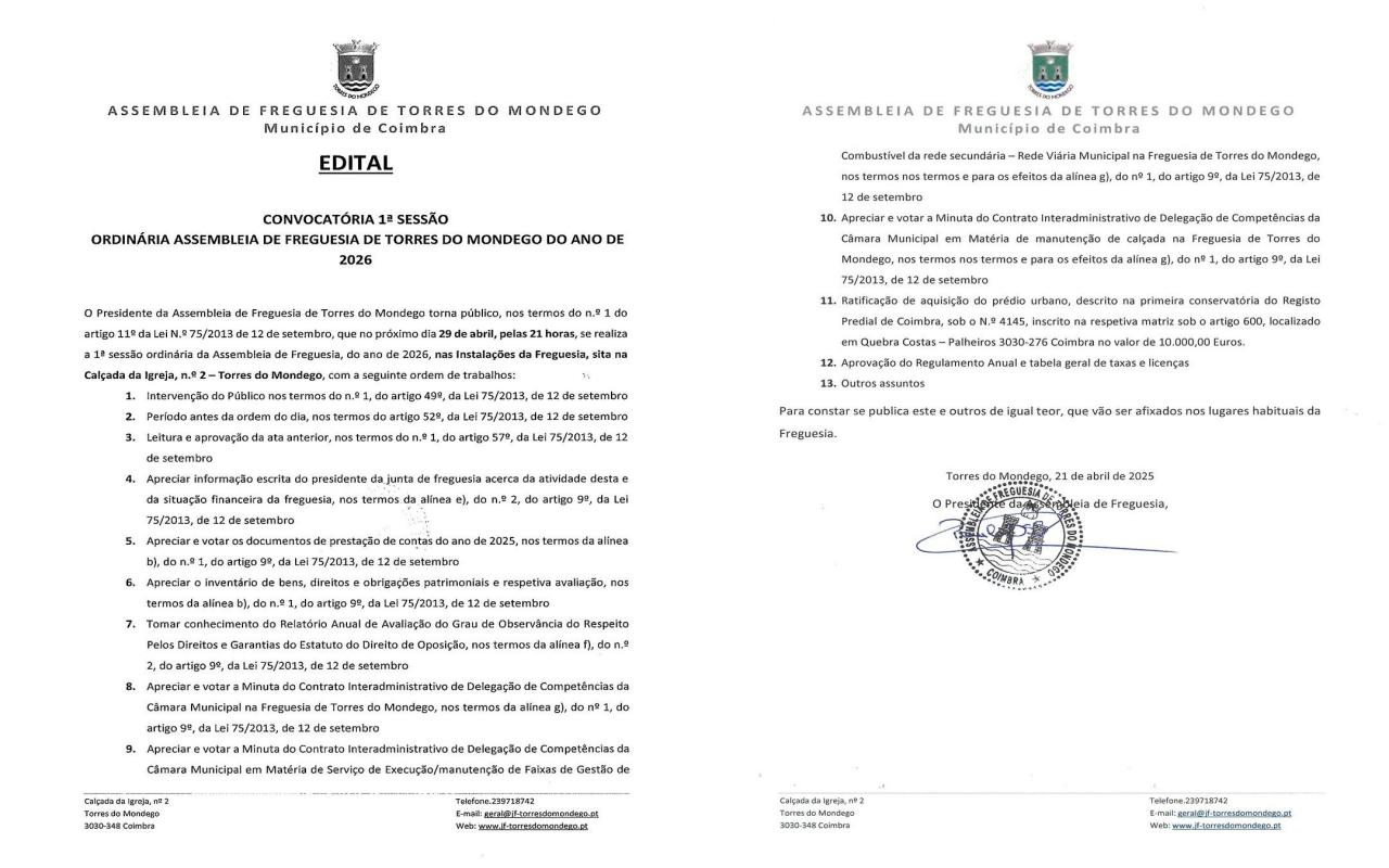 EDITAL: Convocat&oacute;ria de Assembleia de Freguesia