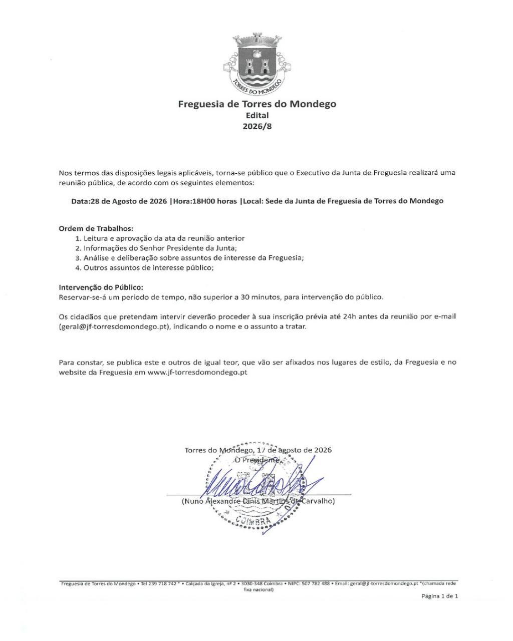 Reuni&atilde;o P&uacute;blica do Executivo da Junta de Freguesia 31 de julho de 2026